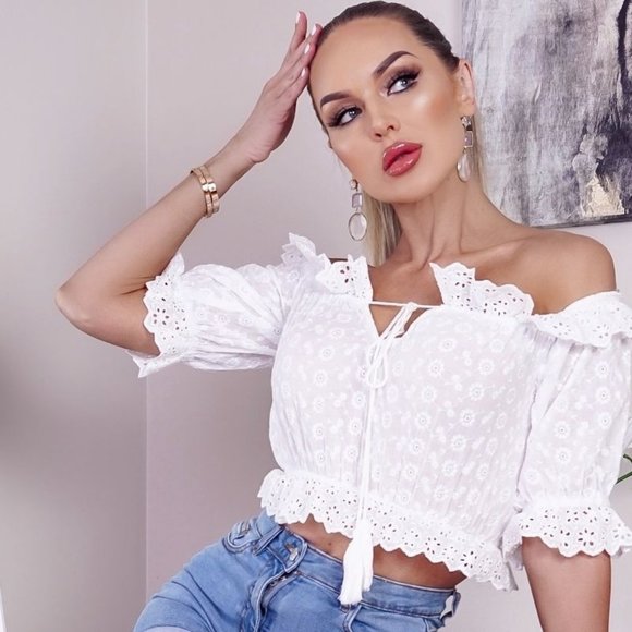 White Lace Frill Hem Off Shoulder Crop Top - Picture 2 of 6